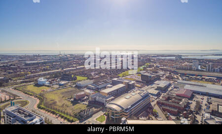 Aerial Views over Penarth Road, Cardiff looking towards The Bristol Channel, The Vale of Glamorgan, Grangetown and Canton. Stock Photo