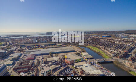 Aerial Views over Penarth Road, Cardiff looking towards The Bristol Channel, The Vale of Glamorgan, Grangetown and Canton. Stock Photo