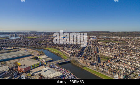 Aerial Views over Penarth Road, Cardiff looking towards The Bristol Channel, The Vale of Glamorgan, Grangetown and Canton. Stock Photo