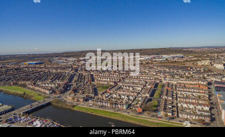 Aerial Views over Penarth Road, Cardiff looking towards The Bristol Channel, The Vale of Glamorgan, Grangetown and Canton. Stock Photo