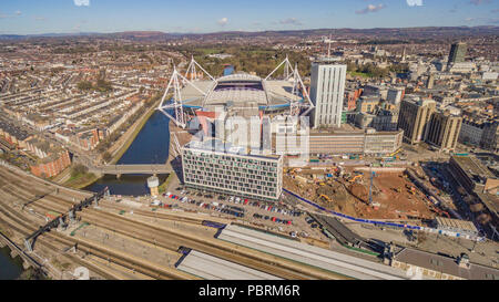 Aerial views over Cardiff Central Station, Central Square and the city beyond Stock Photo