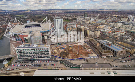 Aerial views over Cardiff Central Station, Central Square and the city beyond Stock Photo