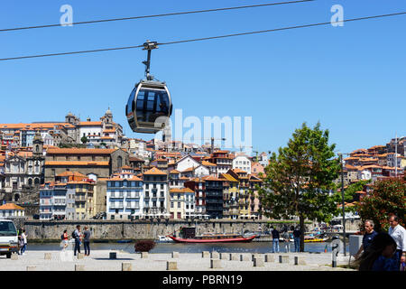 View across the river Douro to the Cais da Ribeira Porto Portugal with a gondola of the Teleférico da Gaia passing overhead Stock Photo