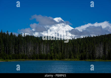 View of the Mt. Hood covered with snow on a sunny day from Frog Lake, Oregon, USA. Stock Photo