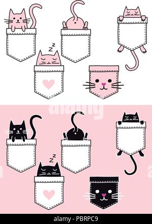 Cute baby cat sitting in a pocket, vector doodle, set of graphic design elements Stock Vector