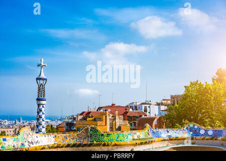 Park Guel, Barcelona, Spain. Famous and most visited tourist sightseeing landmark. Unique mosaic architecture Stock Photo