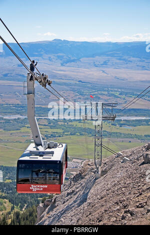 A view of the Jackson Hole Aerial Tram, or 'Big Red' as it's  also known, taken at the top of Rendezvous Mountain. What a view! With the wind that Sep Stock Photo