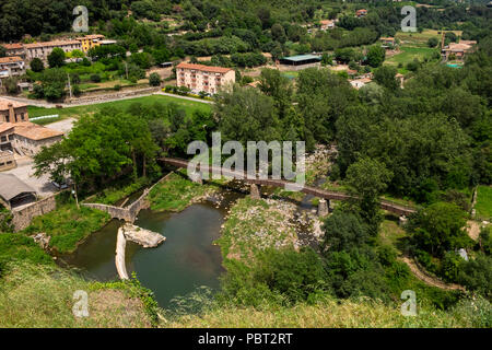 Aerial View Of Castellfollit De La Roca Cliff Village In Catalonia