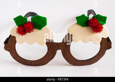 Novelty Christmas Pudding sparkly glasses for Christmas isolated on white background Stock Photo