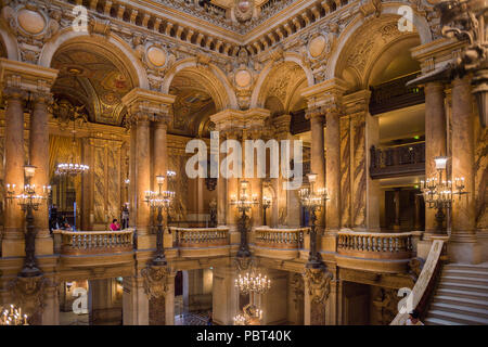 PARIS, FRANCE - JUN 6, 2015: Spectacular interior of the Palais Garnier (Opera Garnier) in Paris, France. It was originally called the Salle des Capuc Stock Photo