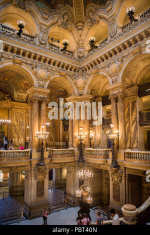 PARIS, FRANCE - JUN 6, 2015: Spectacular interior of the Palais Garnier (Opera Garnier) in Paris, France. It was originally called the Salle des Capuc Stock Photo