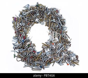 A lot of cogs, screws, bolts and moods on a white background. Latin alphabet letter. Stock Photo