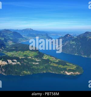 View from Mount Fronalpstock. Lake Lucerne and mountains of the Swiss Alps. Stock Photo