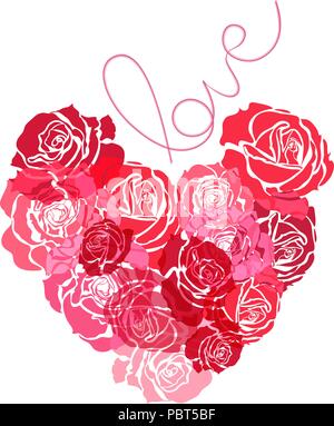 Bouquet of roses in the shape of heart, red roses on a white background, floral composition, Valentine's Day, romance background, vector illustration Stock Vector