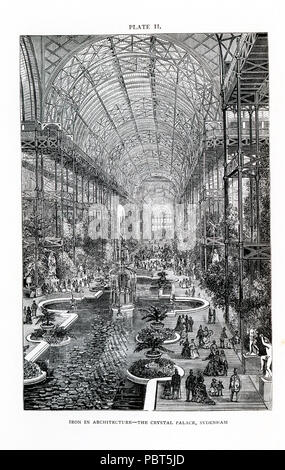 This illustration dates to the 1870s and shows the Crystal Palace at Sydenham Hill, a wealthy suburb in the area of London. It was an enormous glass and iron structure that was built in 1851 for the Great Exhibition held in 1851 in Hyde Park in London. The Exhibition was Prince Albert's idea to showcase the industrial achievements of Great Britain. Other countries, including the United States, Russia, and Egypt exhibited as well.  The Crystal Palace was designed by Sir Joseph Paxton. Shown here is the interior of the high, barre-vaulted transept thatran across the center of the building. It wa