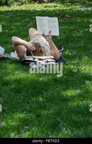 An unidentified young lady reading a novel by Sarah Mass in the shade on a summer day. In Washington Square Park in Manhattan, New York City. Stock Photo