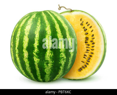 Yellow watermelon cut in halves isolated on white background with clipping path Stock Photo