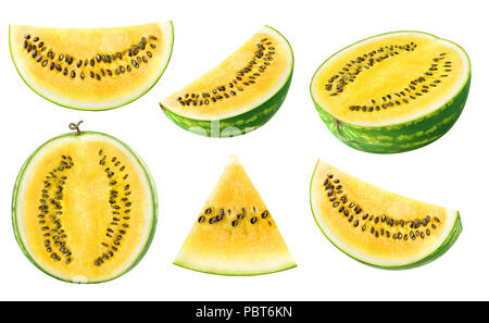 Isolated watermelon collection. Pieces of yellow watermelon fruit isolated on white background with clipping path Stock Photo