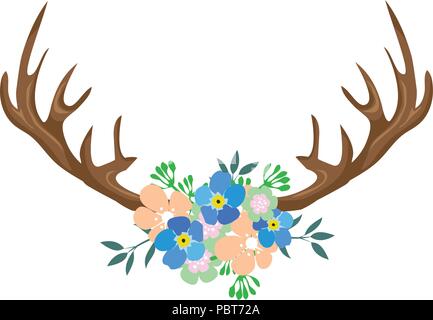 vector illustration of deer antlers decorated with flowers. Stock Vector