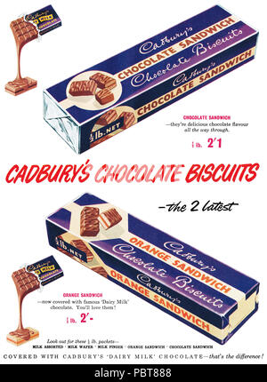 1954 British advertisement for Cadbury's chocolate biscuits. Stock Photo