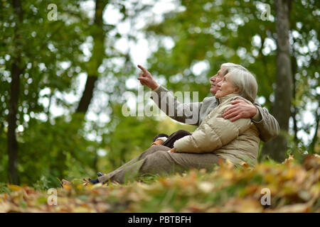 happy Senior couple sitting  in park.  Stock Photo