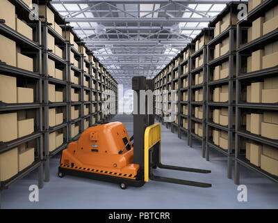 3d rendering automatic forklift with warehouse robot and drone in ...