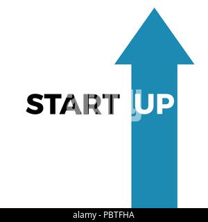 Start up business concept. Text Start isolated on white background and text Up on blue arrow. Vector illustration Stock Vector