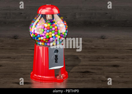 Gumball machine, gum dispenser on the wooden background. 3D rendering Stock Photo