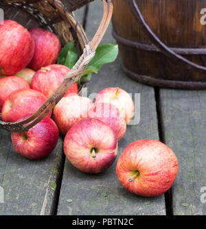 Ripe red apples spilled from a basket onto a rustic wooden surface Stock Photo