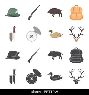 Knife with a cover, a duck, a deer horn, a compass with a lid.Hunting set collection icons in black,cartoon style vector symbol stock illustration . Stock Vector