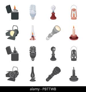 Searchlight, kerosene lamp, candle, flashlight.Light source set collection icons in black,cartoon style vector symbol stock illustration . Stock Vector