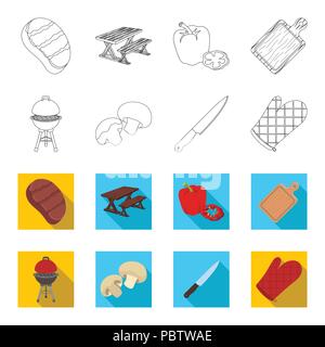 Barbeque grill, champignons, knife, barbecue mitten.BBQ set collection icons in outline,flet style vector symbol stock illustration, Stock Vector
