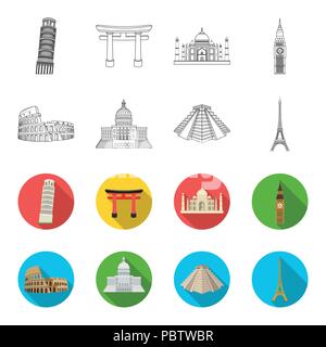 Sights of different countries outline,flet icons in set collection for design. Famous building vector symbol stock  illustration. Stock Vector