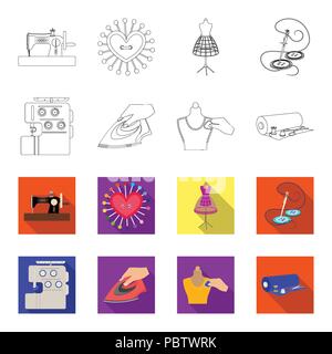 Electric sewing machine, iron for ironing, marking with chalk clothes, roll of fabric and other equipment. Sewing and equipment set collection icons i Stock Vector