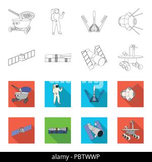 The space station in orbit, the preparation of the launch rocket, the lunar rover on the surface. Space technology set collection icons in outline,fle Stock Vector