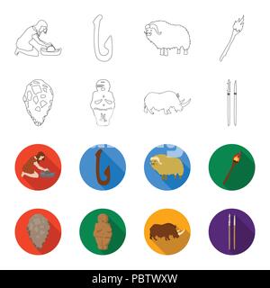 Primitive, woman, man, cattle .Stone age set collection icons in outline,flet style vector symbol stock illustration . Stock Vector