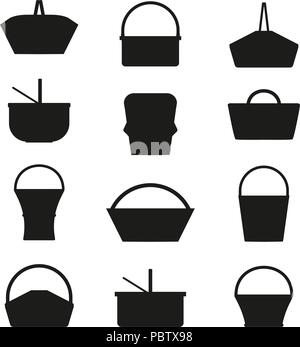 Silhouettes of empty wicker picnic baskets. Set of different hand woven ...