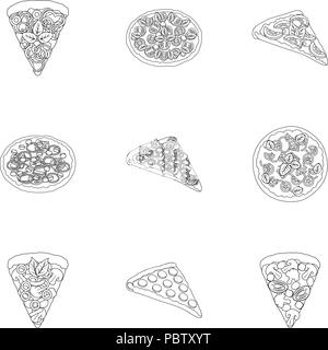 Pizza,slice with meat, cheese and other filling. Different pizza set collection icons in outline style vector symbol stock illustration . Stock Vector