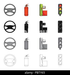 Steering wheel, fire extinguisher, gas station for the car, traffic light. Car and accessories set collection icons in cartoon black monochrome outlin Stock Vector