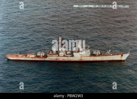 AdmiralFokin1995b. Aerial starboard side view of the former Russian Navy Kynda class guided missile cruiser Admiral Fokin under tow enroute to a foreign scrapping facility. Stock Photo