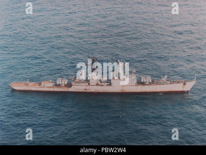 AdmiralFokin1995c. Aerial starboard side view of the former Russian Navy Pacific Fleet Kynda class guided missile cruiser Admiral Fokin as seen under tow en route tot a scrapping facility. Stock Photo