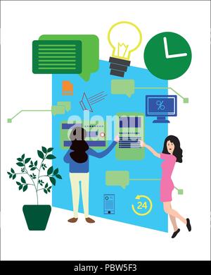 Vector illustration, a flat style. Concepts of web page design and development of mobile websites, people are working on the creation of a website, applications, information transfer Stock Vector