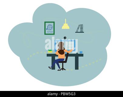 Vector illustration, flat style. Girl online assistant at work, promotion in the network, manager at remote work. A woman works behind a computer Stock Vector