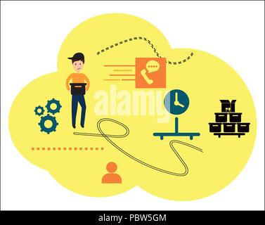 Vector illustration, a flat style. The main stages of delivery of goods. E-mails robots courier. Online orders through the Internet Stock Vector