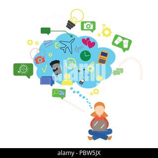 Online booking concept for a web page, banner, presentation, social networks, documents, tickets. Girl sits behind the laptop and chooses a direction, where there will be a following trip. Flat style Stock Vector