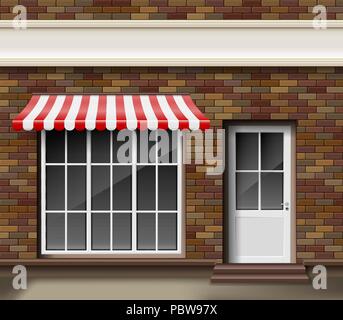 Brick small 3d store or boutique front facade. Exterior boutique shop with big window. Blank mockup of stylish realistic street shop. Vector illustration Stock Vector