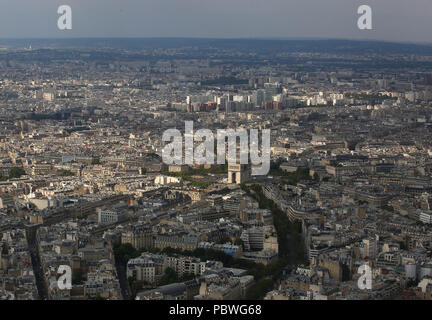 Paris, France. 21st July, 2018. Looking down onto Paris, France from the top of the Eiffel Tower. The tower was constructed from 1887Ã¢â‚¬'89 as the entrance to the 1889 World's Fair. It has become a globaal cultural icon of France and one of the most recognisable structures in the world. The Eiffel Tower is the most-visited paid monument in the world; 6.91 million people ascended it in 2015. Credit: Leigh Taylor/ZUMA Wire/Alamy Live News Stock Photo