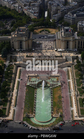 July 21, 2018 - Paris, France - Looking down onto the Jardins du TrocadÃƒÂ©ro from the top of the Eiffel Tower in Paris, France.  Jardins du TrocadÃƒÂ©ro is a public park, created in 1937, with sculptures & a central fountain featuring 20 water jets. (Credit Image: © Leigh Taylor via ZUMA Wire) Stock Photo