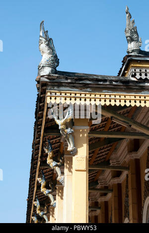 Battambang Cambodia, View of carved and painted garuda roof struts at Wat Kandal Stock Photo