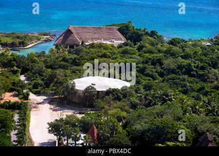 Aerial view of the Xcaret,  Maya civilization archaeological site, Yucatan Peninsula, Quintana Roo, Mexico Stock Photo